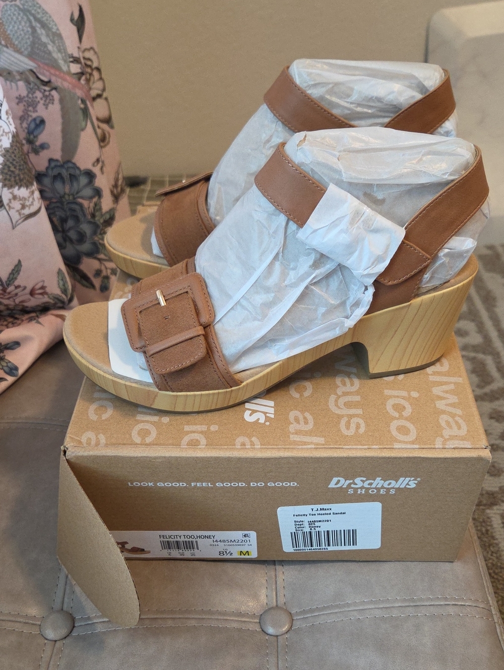 Dr. Scholl's Tan Buckle Wood-Look Wedge Sandals "Felicity Too"